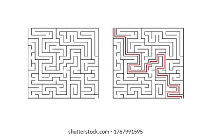 Juego de laberinto para niños. Rompecabezas de segundo nivel con solución. Ilustración vectorial.