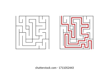 Labyrinth maze game for children. Simple puzzle with solution. Vector illustration.