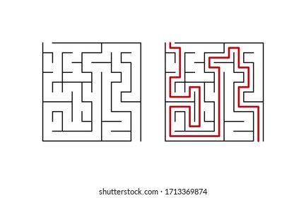 Labyrinth maze game for children. Simple puzzle with solution. Black white and red. Vector illustration.