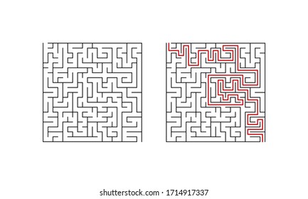 Juego de laberinto para niños. Puzzle cuadrado con solución. Ilustración vectorial.