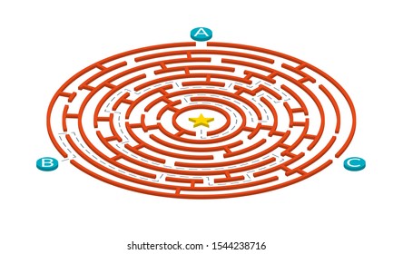 Labyrinth maze game. Circle puzzle. Find exit or right way challenge. Vector illustration.