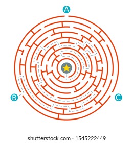 Labyrinth maze game. Circle puzzle. Find exit or right way challenge. Vector illustration.