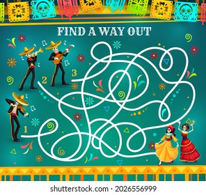 Labyrinth maze game, Dia de los Muertos riddle with skeletons. Kids education vector puzzle, quiz or rebus with find right way task, Mexican Day of the Dead holiday skulls, papel picado and sombreros