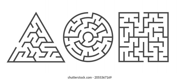 Labyrinth. Maze game in different graphic shapes. Black line abstract drawing, circle square and triangle form, kids and adult brain training logic games. Logo template. Vector isolated set