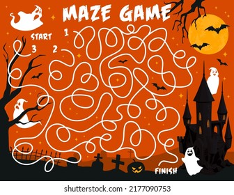 Labyrinth maze game, Halloween ghosts on cemetery, kids puzzle or vector worksheet. Labyrinth riddle with start and finish to find way in maze for funny spooky ghost to Halloween castle on cemetery