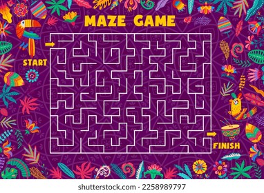 Labyrinth maze game, help brazilian toucan to find exit. Kids worksheet vector template, boardgame with path, start, finish and cartoon alebrije birds characters. Educational children riddle, activity