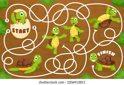 Labyrinth maze game help cartoon turtle find the cheerful friends. Finding way child playing activity, kids maze riddle and kindergarten children quiz vector worksheet with funny tortoise personages