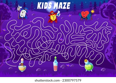 Labyrinth maze game. Help to cartoon vitamin and micronutrient wizards find a magic potion. Kids vector boardgame with S-methylmethionine, Ascorbic acid and Calciferol mages on tangled path in forest