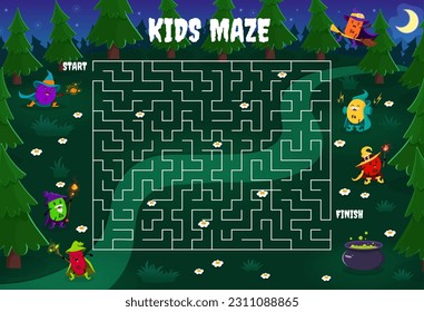 Labyrinth maze game. Help to cartoon mineral and micronutrient wizards find a magic potion. Kids vector boardgame worksheet with P, Zn, Cl, Se, Fe and Ca bubbles Halloween characters on tangled path