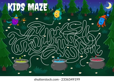 Labyrinth maze game. Help to cartoon mineral and micronutrient wizards find a magic potion. Kids vector boardgame with P, Fe Mg supplement capsule warlocks searching pots on Halloween tangled path