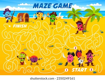 Labyrinth maze game. Help to cartoon vitamin pirates and corsairs find a treasure chest. Find way quiz, labyrinth game vector worksheet with B2, E, K and P, H, N vitamin pirate cheerful personages