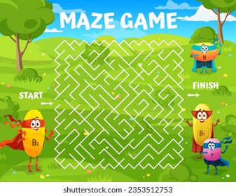 Labyrinth maze game, help to cartoon superhero vitamin character to find his friends. Vector puzzle quiz worksheet with cute personages of vitamins and food supplements wearing hero capes and masks