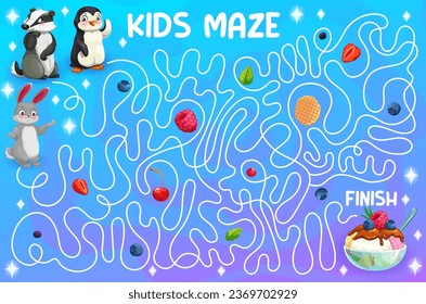 Labyrinth maze game. Help to cartoon animal characters find a tasty ice cream. Labyrinth playing activity vector worksheet with badger, penguin, hare or rabbit cute personage, sundae ice cream dessert