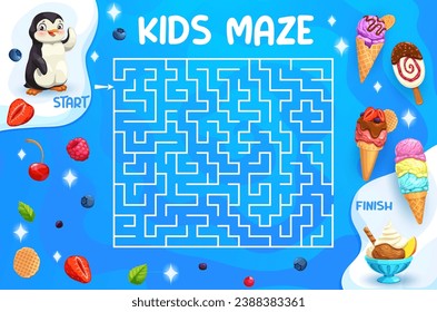 Labyrinth maze game, help to cartoon penguin character find tasty ice cream, vector puzzle quiz. Kids worksheet to find way for penguin to sweet frozen desserts and icecream in labyrinth maze path