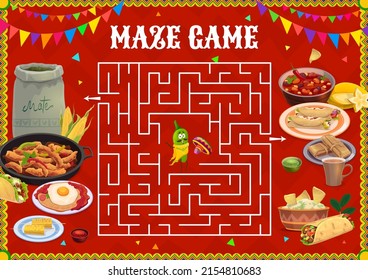 Labyrinth maze game help to jalapeno pepper find exit. Cartoon vector kids board game with mexican tex mex food and mariachi pepper character on square field with path. Children riddle, boardgame