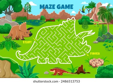 Labyrinth maze game. Help to mother dinosaur find her eggs. Vector fun and engaging dino-themed worksheet prehistoric vegetation. Riddle starts at the triceratops and finishes at the nest with eggsV