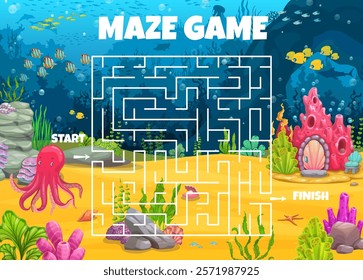 Labyrinth maze game, help to octopus to find his home. Search path puzzle or riddle, labyrinth maze vector worksheet with cute octopus character, coral house and seaweeds on tropical sea bottom