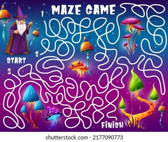 Labyrinth maze game, help wizard find magic mushroom, vector kids puzzle worksheet. Labyrinth maze riddle to find way for sorcerer warlock to alien mushrooms in magic witch forest