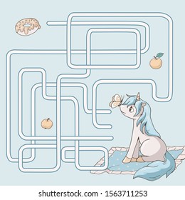 Labyrinth. Maze game for kids. Help cute cartoon unicorn find path to donut. Light turquoise and yellow pastel colors. Vector illustration.