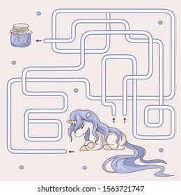 Labyrinth. Maze game for kids. Help cute cartoon unicorn find path to jam jar. Light purple and beige pastel colors. Vector illustration.