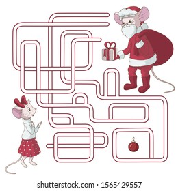 Labyrinth. Maze game for kids. Help Santa Claus mouse gives a present to a mouse girl. Find path to girl. Christmas vector illustration. 