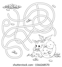 Labyrinth. Maze game for kids. Help cartoon dragon find path to his treasure (coins). White and black vector illustration for coloring book.