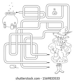 Labyrinth. Maze game for kids. Help cute cartoon witch with her black cat find path to magic cauldron and various bottles of potion. White and black vector illustration for coloring book.