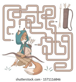 Labyrinth. Maze game for kids. Help cute cartoon archer fox find path to his arrows in a quiver. Vector illustration.