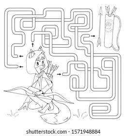 Labyrinth. Maze game for kids. Help cute cartoon archer fox find path to his bow arrows in a quiver. White and black vector illustration for coloring book.