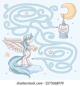 Labyrinth. Maze game for kids. Help cute cartoon pegasus on a cloud find path to the moon and star in a lantern. Fantasy vector illustration. Light blue and yellow pastel colors. 