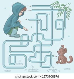 Labyrinth. Maze game for kids. Help cartoon boy find path to a cute puppy. Rescue homeless dog from the rain.  Kindness concept. Vector illustration.