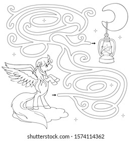 Labyrinth. Maze game for kids. Help cute cartoon pegasus on a cloud find path to the moon and star in a lantern. White and black vector illustration for coloring book.