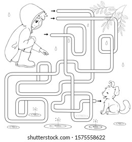 Labyrinth. Maze game for kids. Help cartoon boy find path to a cute puppy. Rescue homeless dog from the rain.  Kindness concept. White and black vector illustration for coloring book.