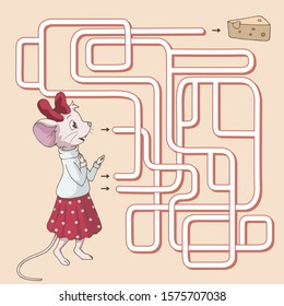 Labyrinth. Maze game for kids. Help cute cartoon mouse girl find path to a cheese. Vector illustration. Red and yellow colors. 