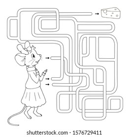 Labyrinth. Maze game for kids. Help cute cartoon mouse girl find path to a cheese. White and black vector illustration for coloring book.