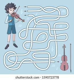Labyrinth. Maze game for kids. Help cute cartoon violinist find path to his violin. Vector illustration. Light blue and brown pastel colors. 
