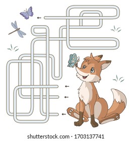 Labyrinth. Maze game for kids. Help cute cartoon fox find path to a butterfly. Vector illustration. Light orange and green pastel colors. 