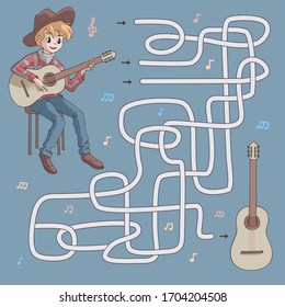 Labyrinth.Maze-Spiel für Kinder. Hilf süßen Cartoon Gitarrist finden Weg zu seiner Gitarre. Vektorillustration. Blau und Braun in Pastellfarben. 