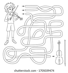 Labyrinth. Maze game for kids. Help cute cartoon violinist find path to his violin. Vector illustration. White and black vector illustration for coloring book.