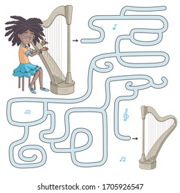 Labyrinth. Maze game for kids. Help cute cartoon Afro-American girl find path to her harp. Vector illustration. Light blue and yellow pastel colors. 