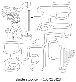 Labyrinth. Maze game for kids. Help cute cartoon Afro-American girl find path to her harp. White and black vector illustration for coloring book. 