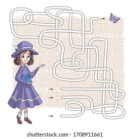 Labyrinth. Maze game for kids. Help cute cartoon girl catch a butterfly. Find the right path. Vector illustration. Purple and beige pastel colors.