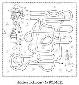 Labyrinth. Maze game for kids. Help cute cartoon girl water a rose. Find path to her flower pot. White and black vector illustration for coloring book. 