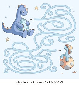 Labyrinth. Maze game for kids. Help cute cartoon dinosaur find path to the baby. Vector illustration. Blue and yellow pastel colors.