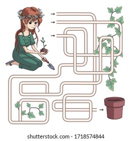 Labyrinth. Maze game for kids. Help cute cartoon girl plant young seedlings. Find path to the flower pot. Vector illustration. Blue and green pastel colors.