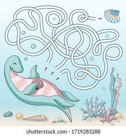 Labyrinth. Maze game for kids. Help cute cartoon swimming dinosaur find path to the sea shell. Vector illustration. Blue and turquoise pastel colors.