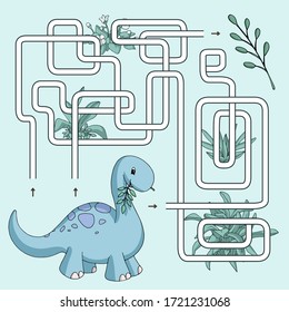 Labyrinth. Maze game for kids. Help cute cartoon dinosaur find path to the leaf. Vector illustration. Green and turquoise pastel colors.