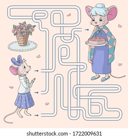 Labyrinth. Maze game for kids. Help cute cartoon girl mouse find path to her grandmother holding a pie. Vector illustration. Pastel colors.