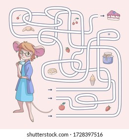 Labyrinth. Maze game for kids. Help cute cartoon mouse find path to the cake. Vector illustration. 