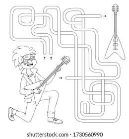 Labyrinth. Maze game for kids. Help cute cartoon guitarist find path to his electric guitar. White and black vector illustration for coloring book.